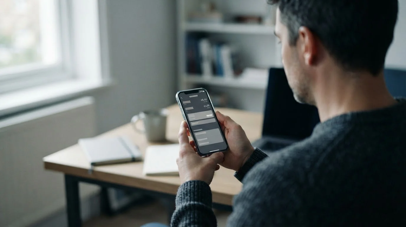 Person überprüft Kontoguthaben auf neutralem Smartphone-Interface