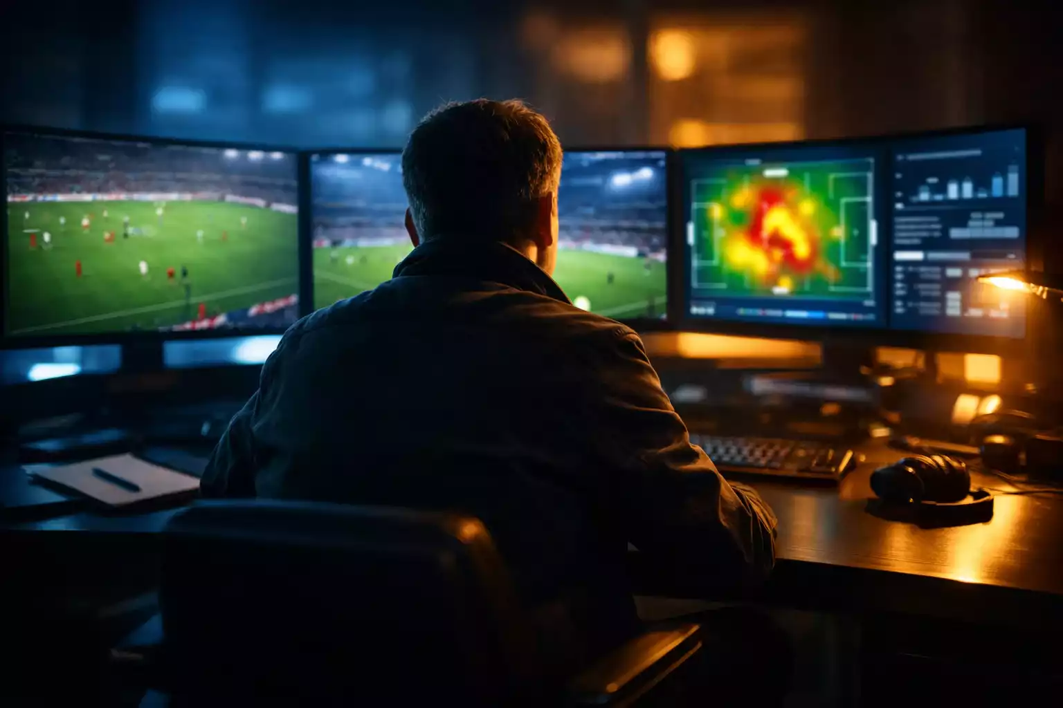 Analyst betrachtet Bundesliga-Spielszenen auf mehreren Monitoren bei atmosphärischer Beleuchtung