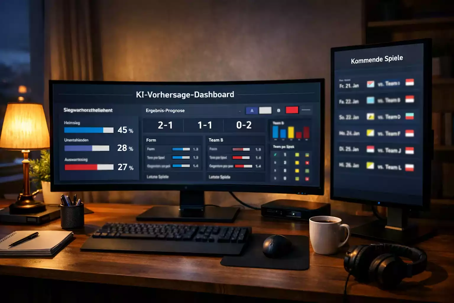 Moderner Arbeitsplatz mit mehreren Bildschirmen, die verschiedene Fußball-Analyse-Dashboards mit Statistiken und Prognosen zeigen