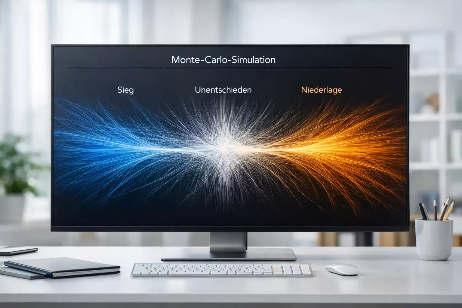 Abstrakte Darstellung einer Monte-Carlo-Simulation mit tausenden Ergebnispfaden, die in Wahrscheinlichkeitsverteilungen münden