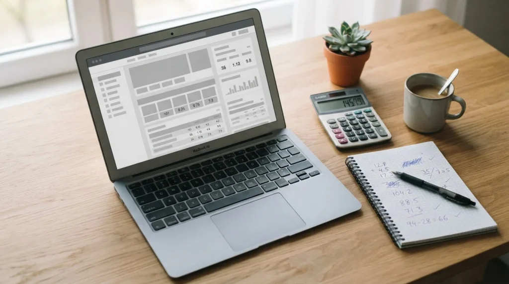 Person analysiert Sportwetten-Bonusbedingungen am Laptop mit Taschenrechner
