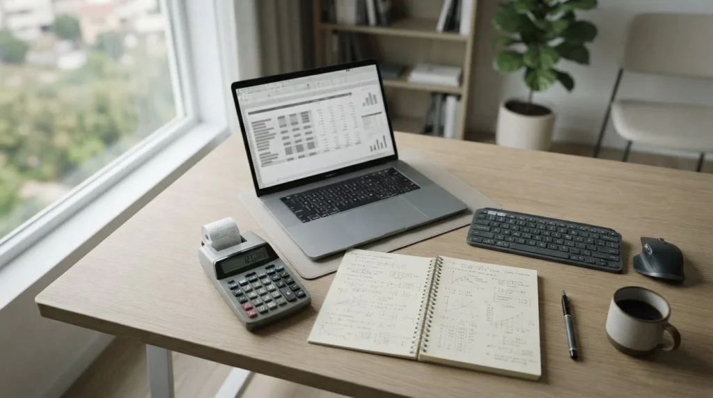 Desktop-Arbeitsplatz mit Taschenrechner, Notizbuch und abstrakten Zahlenreihen für Wettquoten-Berechnungen