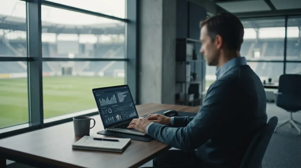 Analytischer Arbeitsplatz mit Laptop und Europa-League-Daten in neutraler Umgebung
