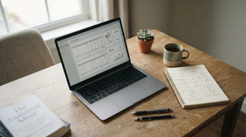 Analytischer Arbeitsplatz mit Laptop und Notizen zur Berechnung von WM-Wettquoten
