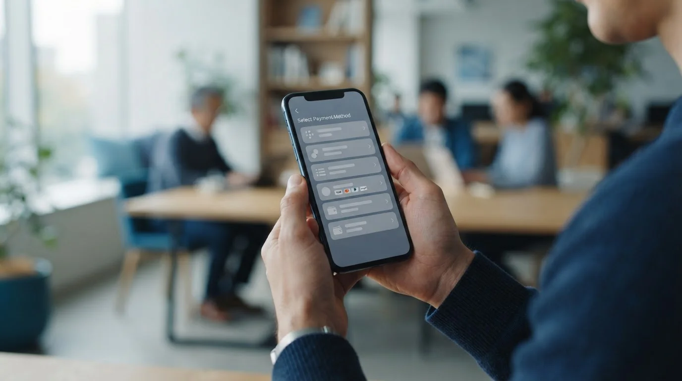 Smartphone mit abstrakten Zahlungsoptionen auf dem Display